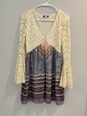 Venus Boho Lace Dress in Cream and Blue (size XS)
